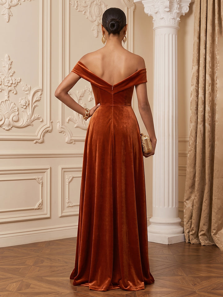 Velvet A Line Off the Shoulder Floor Length Pleats Evening Dresses Maxi Formal Dresses