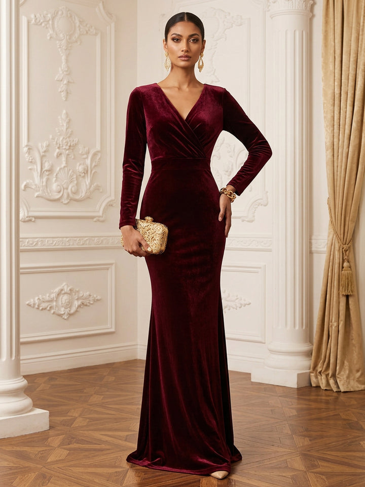 Velvet Mermaid V Neck Floor Length Wrap Bodice Evening Dresses Maxi Formal Dresses
