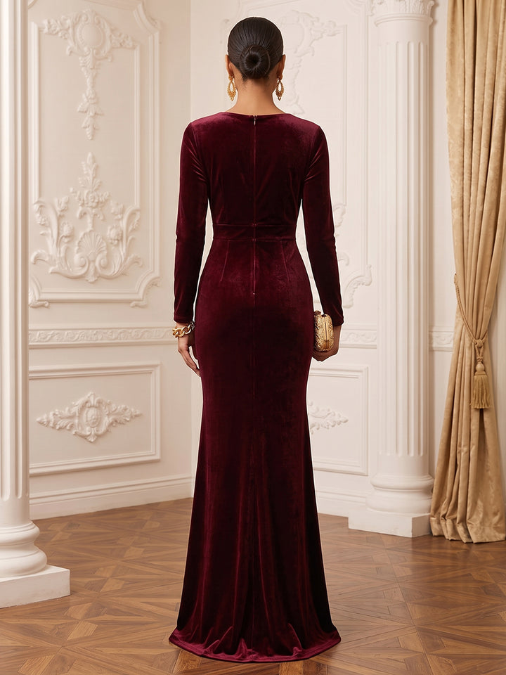 Velvet Mermaid V Neck Floor Length Wrap Bodice Evening Dresses Maxi Formal Dresses