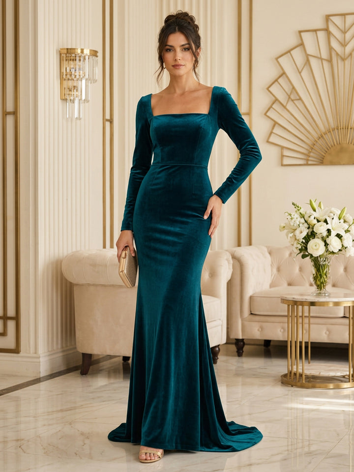 Velvet Mermaid Square Neck Floor Length Fitted Bodycon Evening Dresses Maxi Formal Dresses