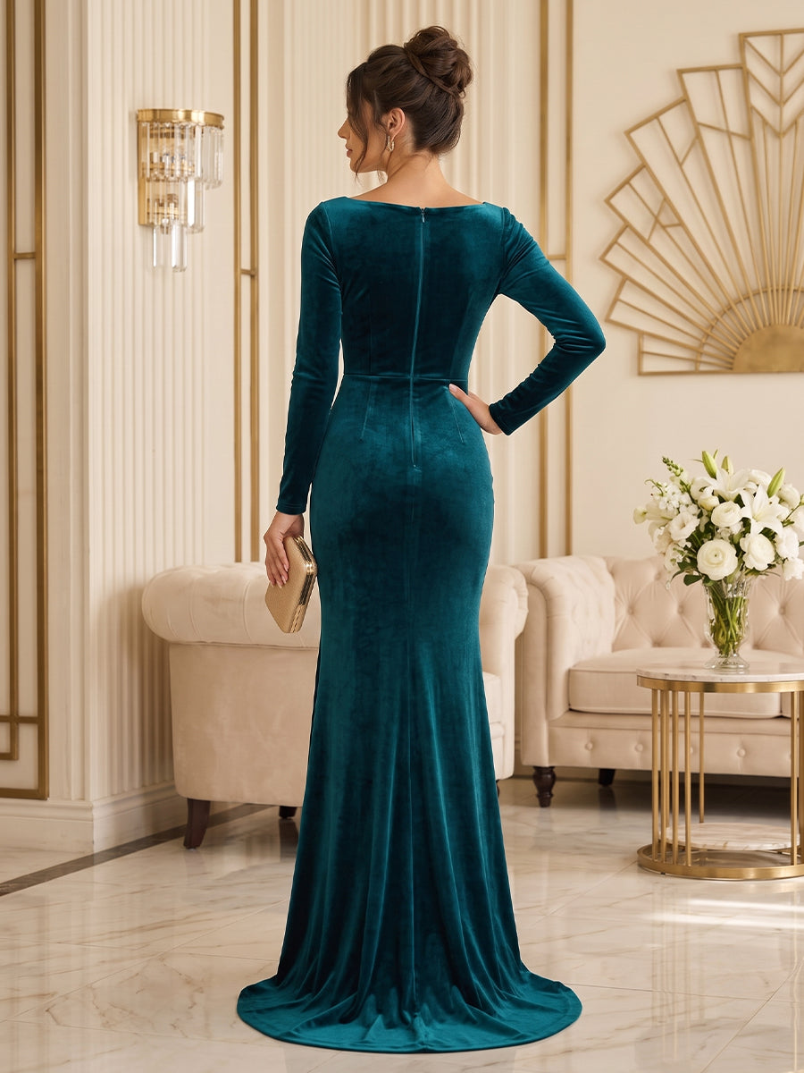 Velvet Mermaid Square Neck Floor Length Fitted Bodycon Evening Dresses Maxi Formal Dresses