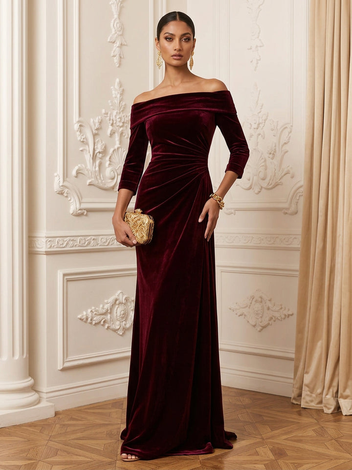 Velvet Sheath Off the Shoulder Floor Length Ruffles Evening Dresses Maxi Formal Dresses