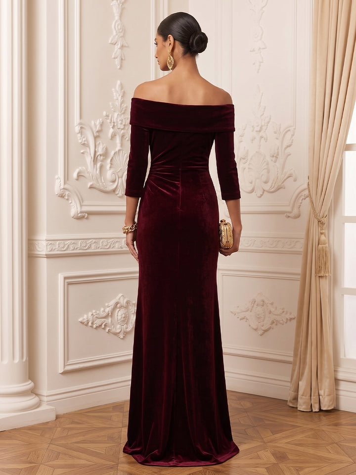Velvet Sheath Off the Shoulder Floor Length Ruffles Evening Dresses Maxi Formal Dresses