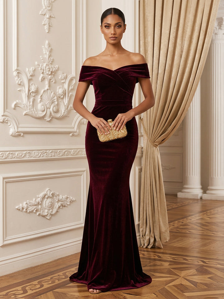 Velvet Mermaid Off the Shoulder Floor Length Fitted Bodycon Evening Dresses Maxi Formal Dresses