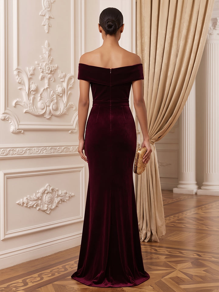 Velvet Mermaid Off the Shoulder Floor Length Fitted Bodycon Evening Dresses Maxi Formal Dresses