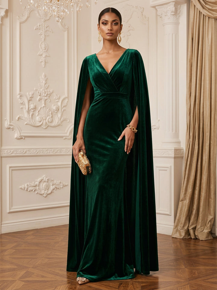Velvet Mermaid V Neck Floor Length Cape Sleeve Evening Dresses Maxi Formal Dresses