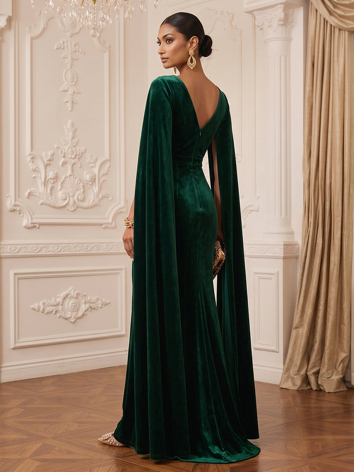 Velvet Mermaid V Neck Floor Length Cape Sleeve Evening Dresses Maxi Formal Dresses