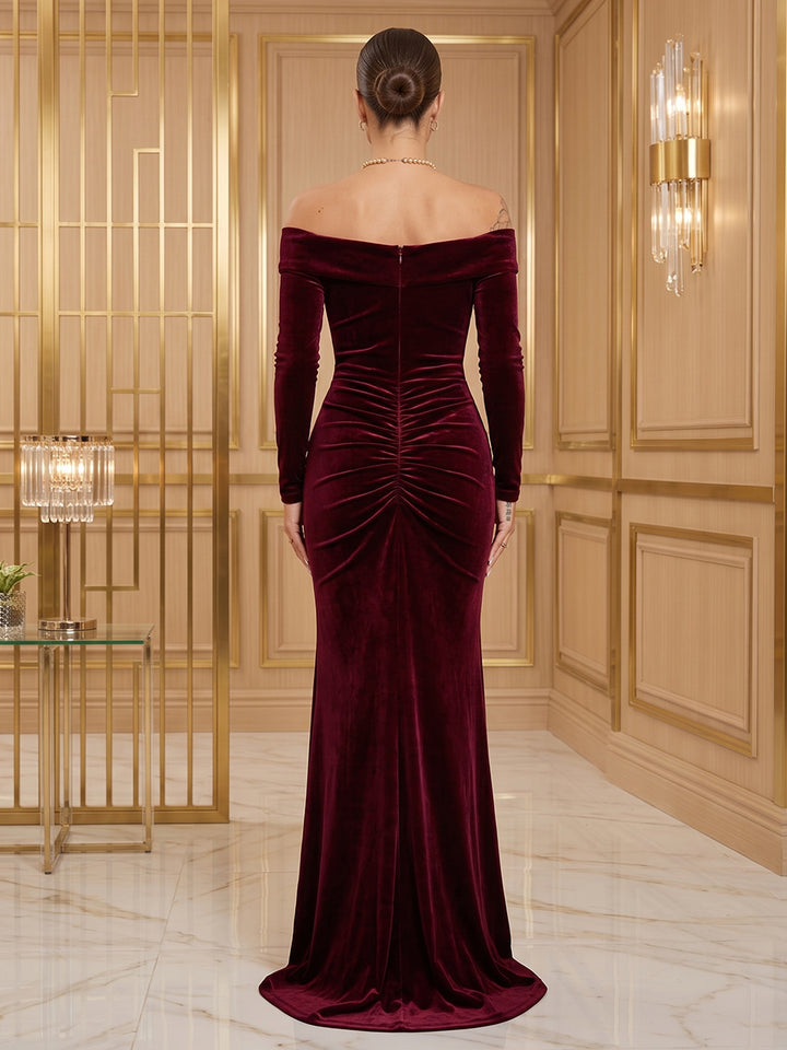 Velvet Mermaid Off the Shoulder Floor Length Ruched Evening Dresses Maxi Formal Dresses