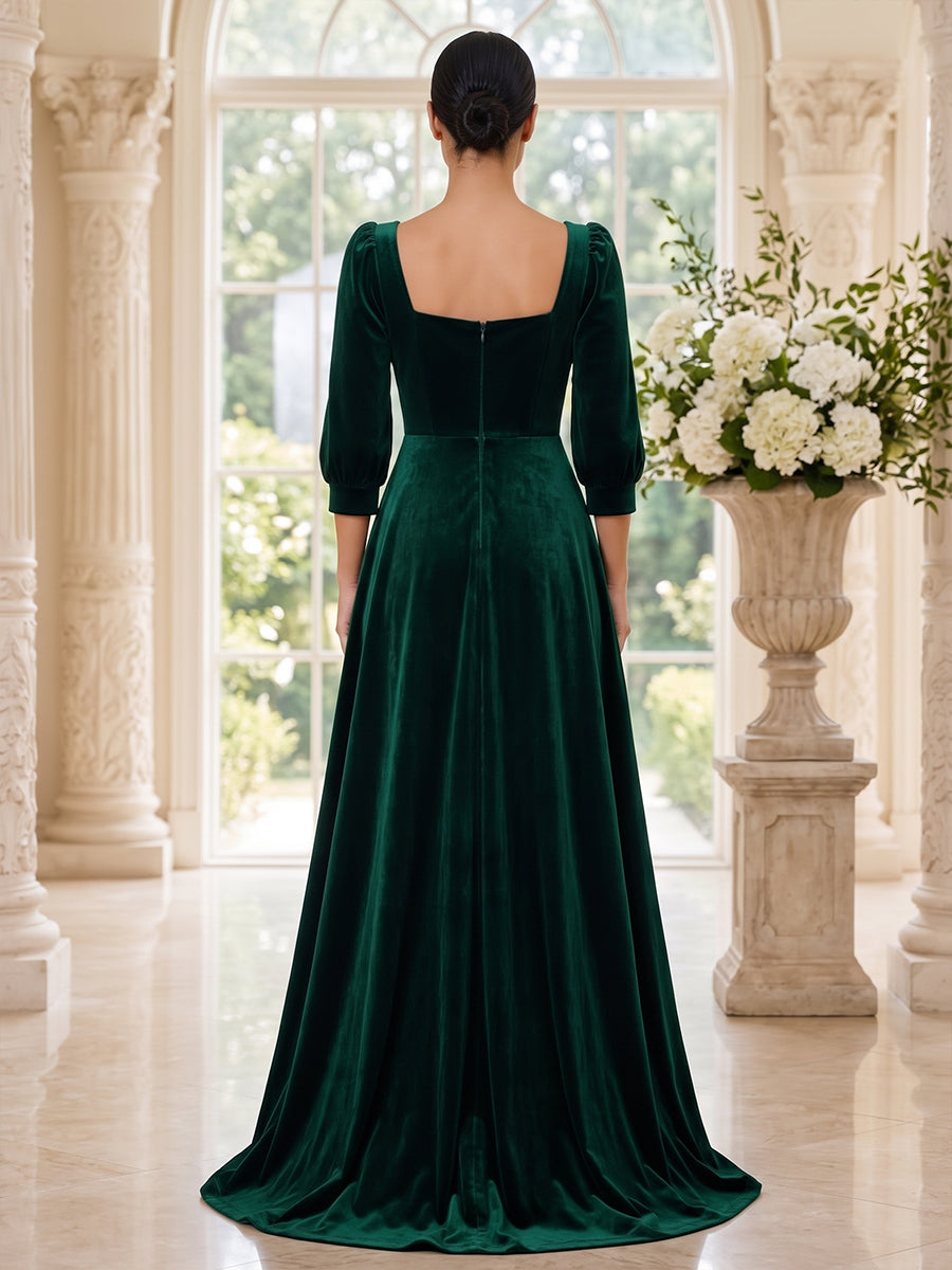 Velvet A Line Square Neck Floor Length Bell Sleeve Evening Dresses Maxi Formal Dresses