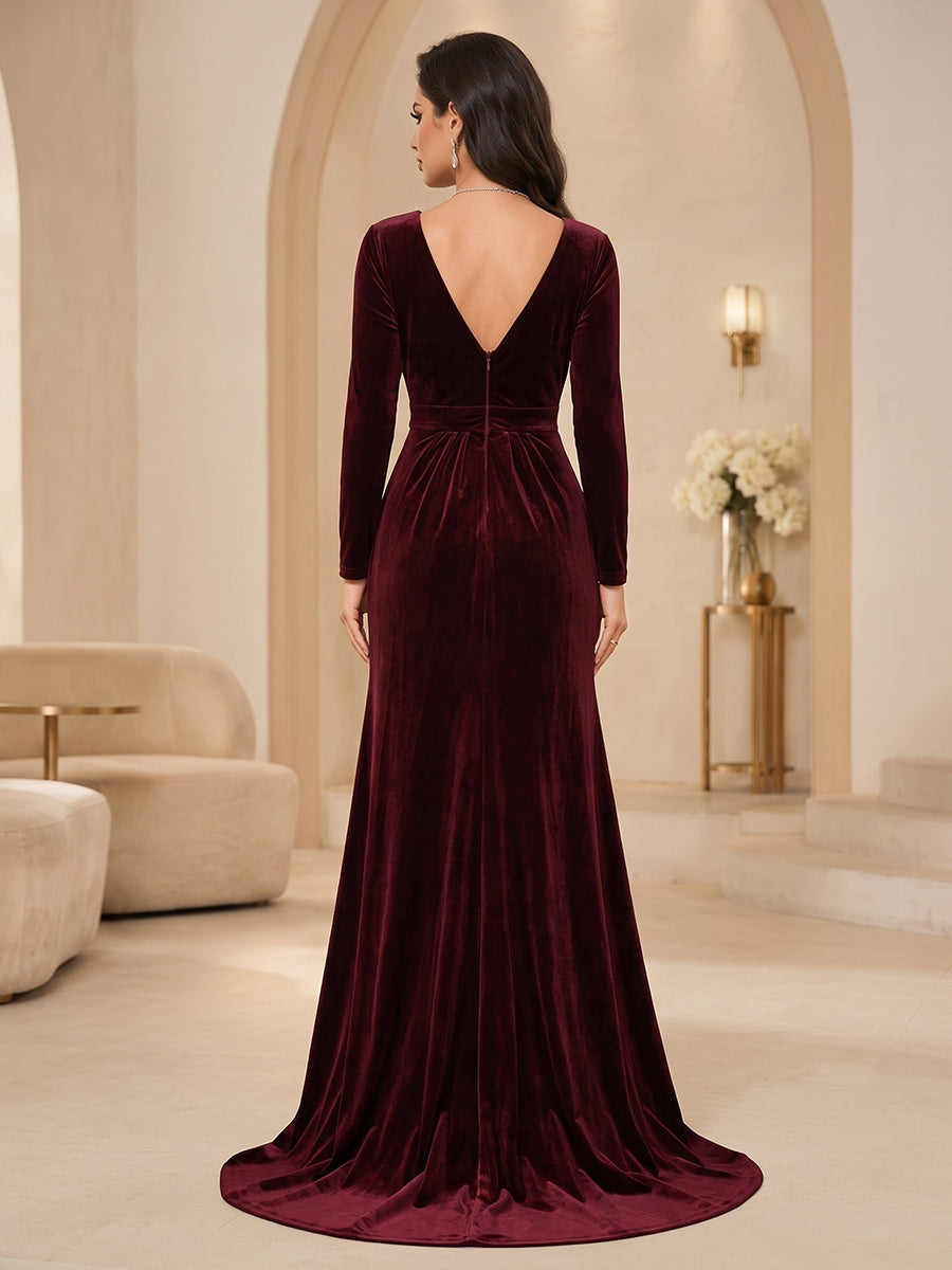 Velvet A Line V Neck Floor Length High Low Evening Dresses Maxi Formal Dresses