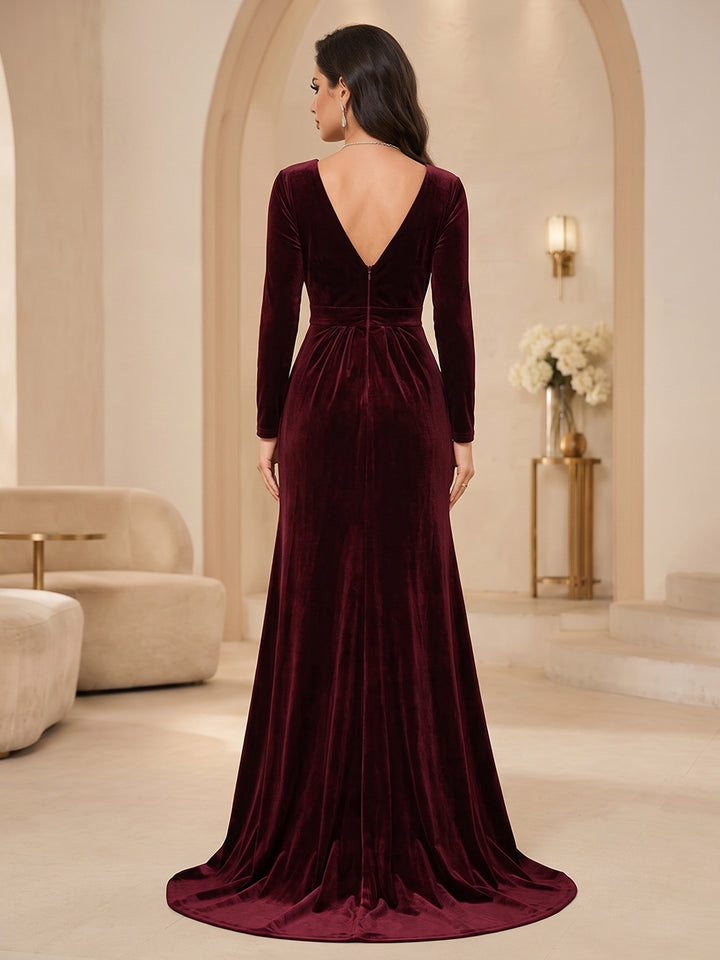 Velvet A Line V Neck Floor Length High Low Evening Dresses Maxi Formal Dresses