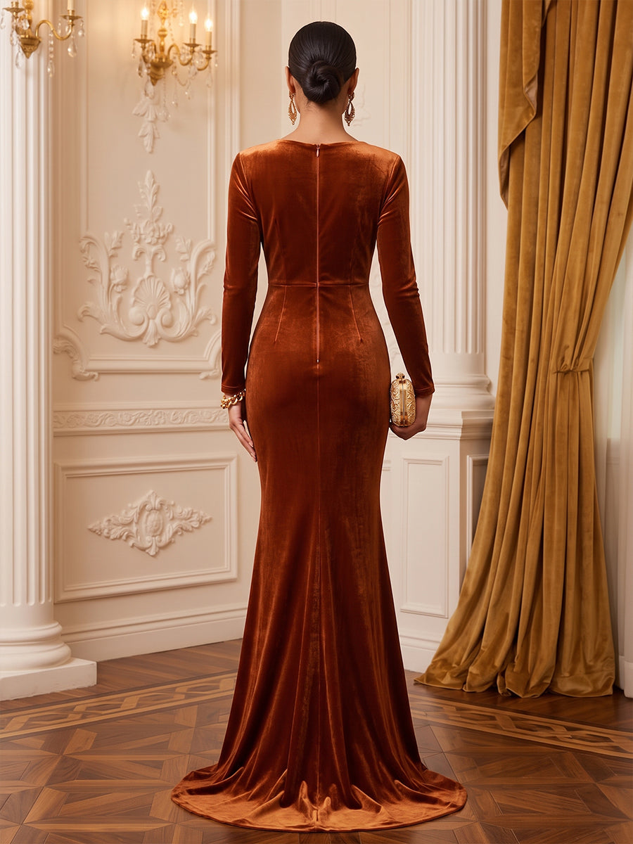 Velvet Mermaid V Neck Floor Length Wrap Bodice Evening Dresses Maxi Formal Dresses