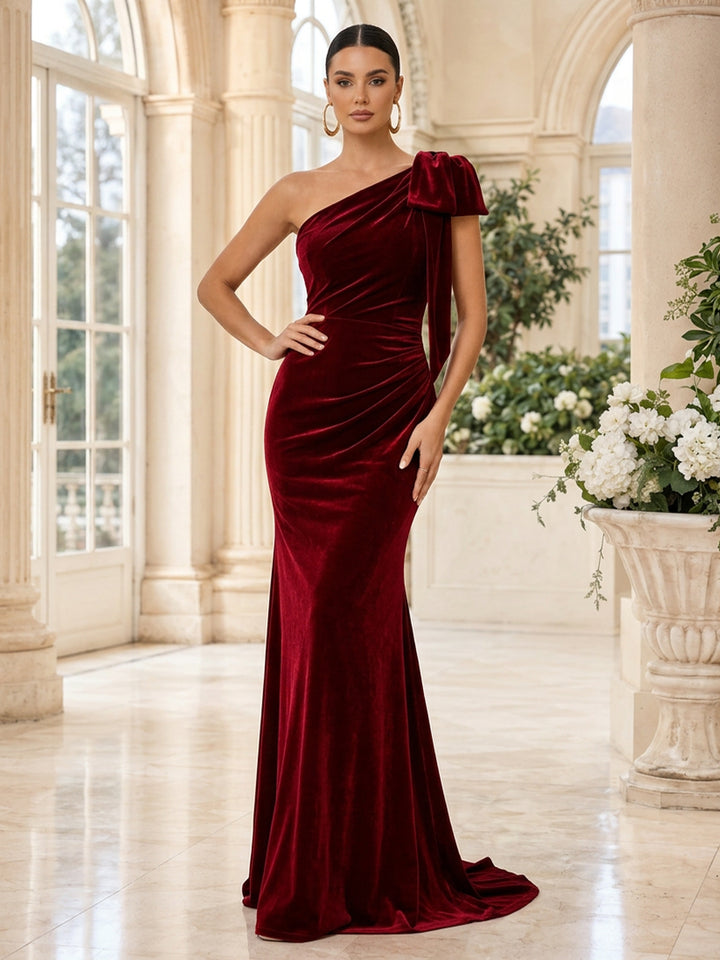Velvet Mermaid One Shoulder Floor Length Ruched Evening Dresses Maxi Formal Dresses