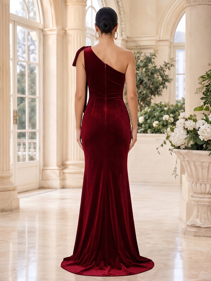 Velvet Mermaid One Shoulder Floor Length Ruched Evening Dresses Maxi Formal Dresses