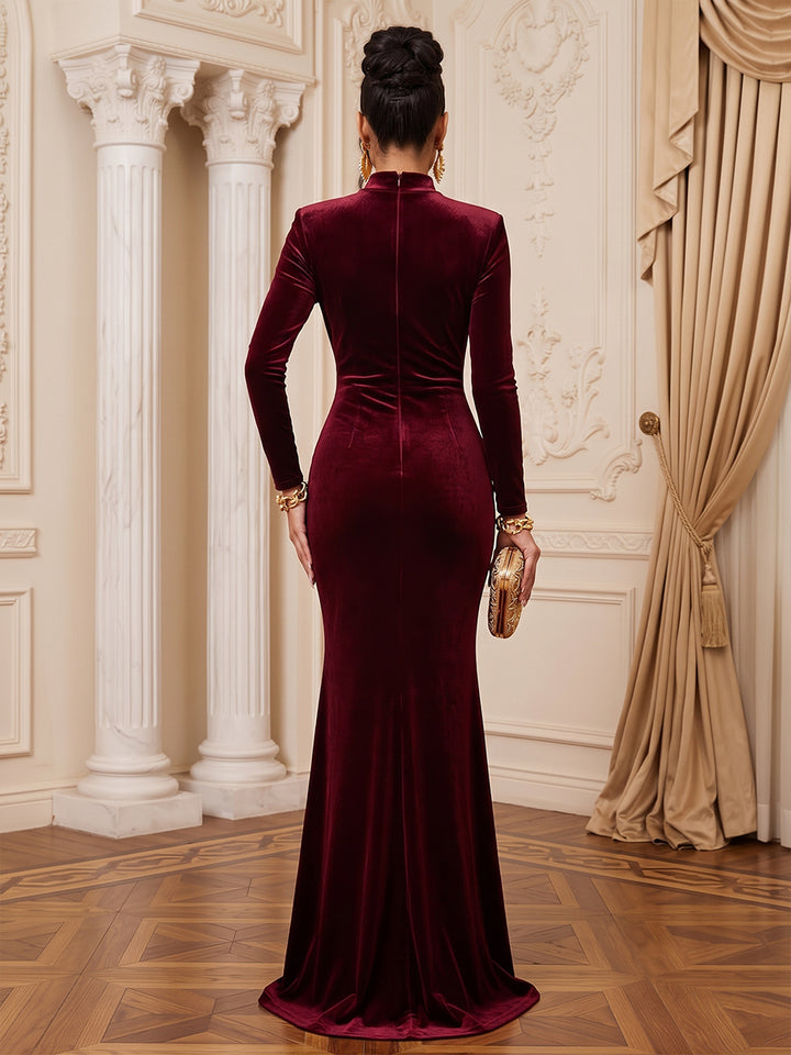 Velvet Mermaid High Neck Floor Length Ruched Evening Dresses Maxi Formal Dresses