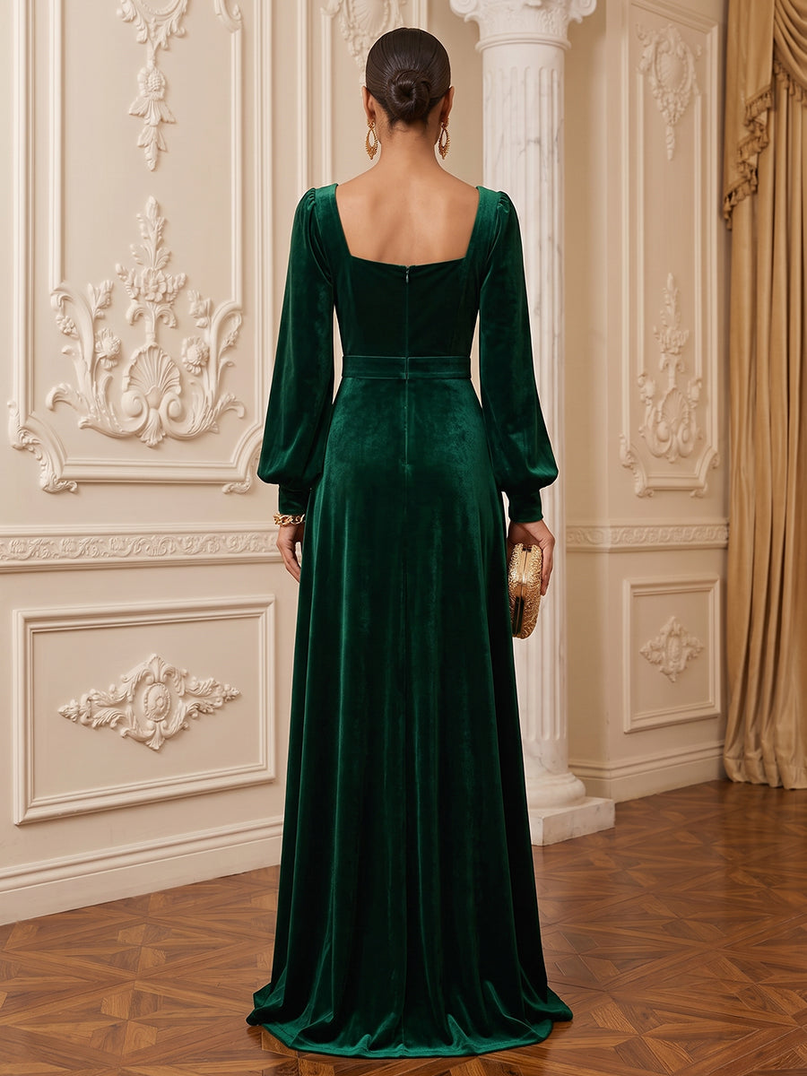 Velvet A Line Square Neck Floor Length Bell Sleeve Evening Dresses Maxi Formal Dresses