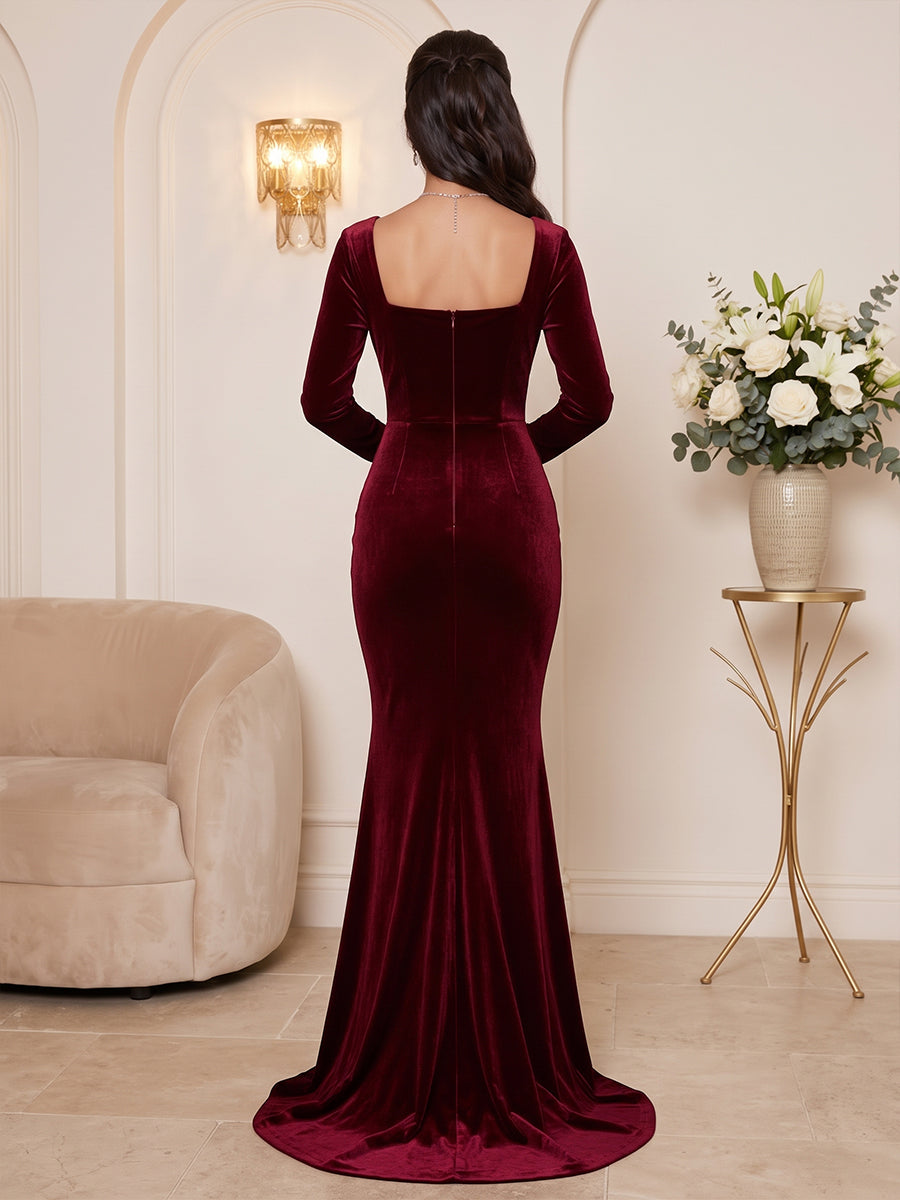 Velvet Mermaid Square Neck Floor Length Fitted Waist Evening Dresses Maxi Formal Dresses