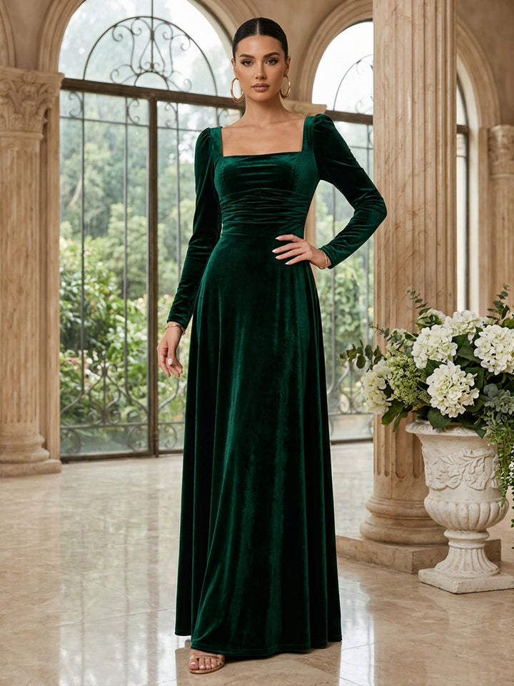 Velvet A Line Square Neck Floor Length Fitted Waist Evening Dresses Maxi Formal Dresses