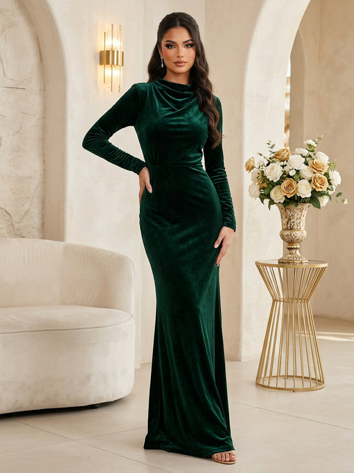Velvet Mermaid Cowl Neck Floor Length Fitted Bodycon Evening Dresses Maxi Formal Dresses