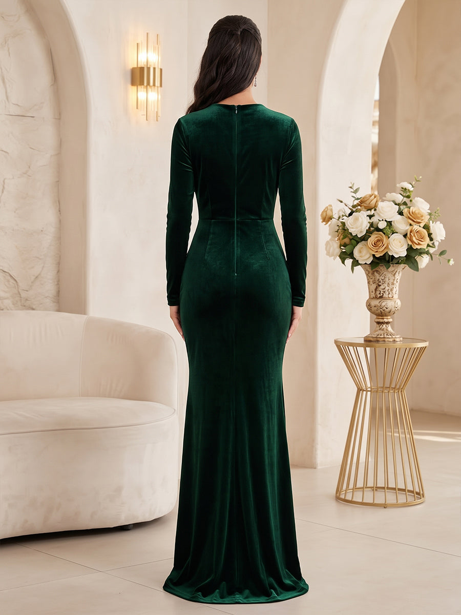 Velvet Mermaid Cowl Neck Floor Length Fitted Bodycon Evening Dresses Maxi Formal Dresses