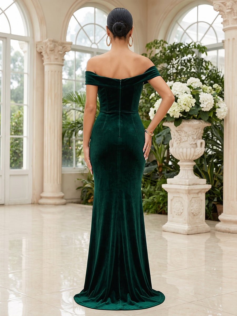 Velvet Mermaid Off the Shoulder Floor Length Fitted Bodycon Evening Dresses Maxi Formal Dresses
