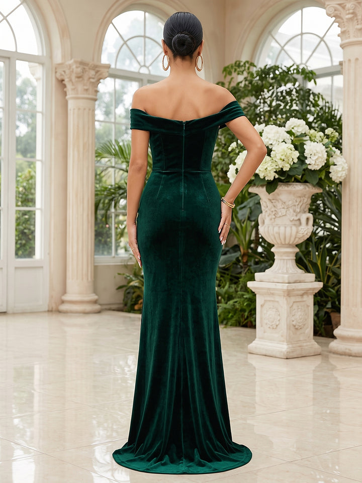 Velvet Mermaid Off the Shoulder Floor Length Fitted Bodycon Evening Dresses Maxi Formal Dresses