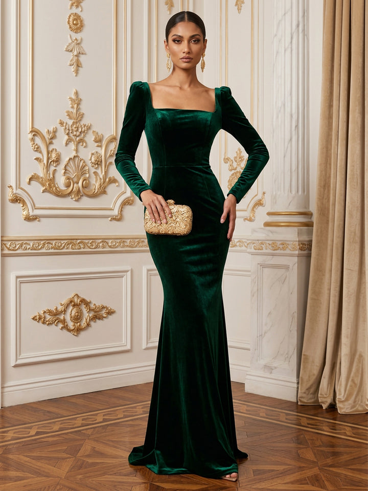 Velvet Mermaid Square Neck Floor Length High Waist Evening Dresses Maxi Formal Dresses