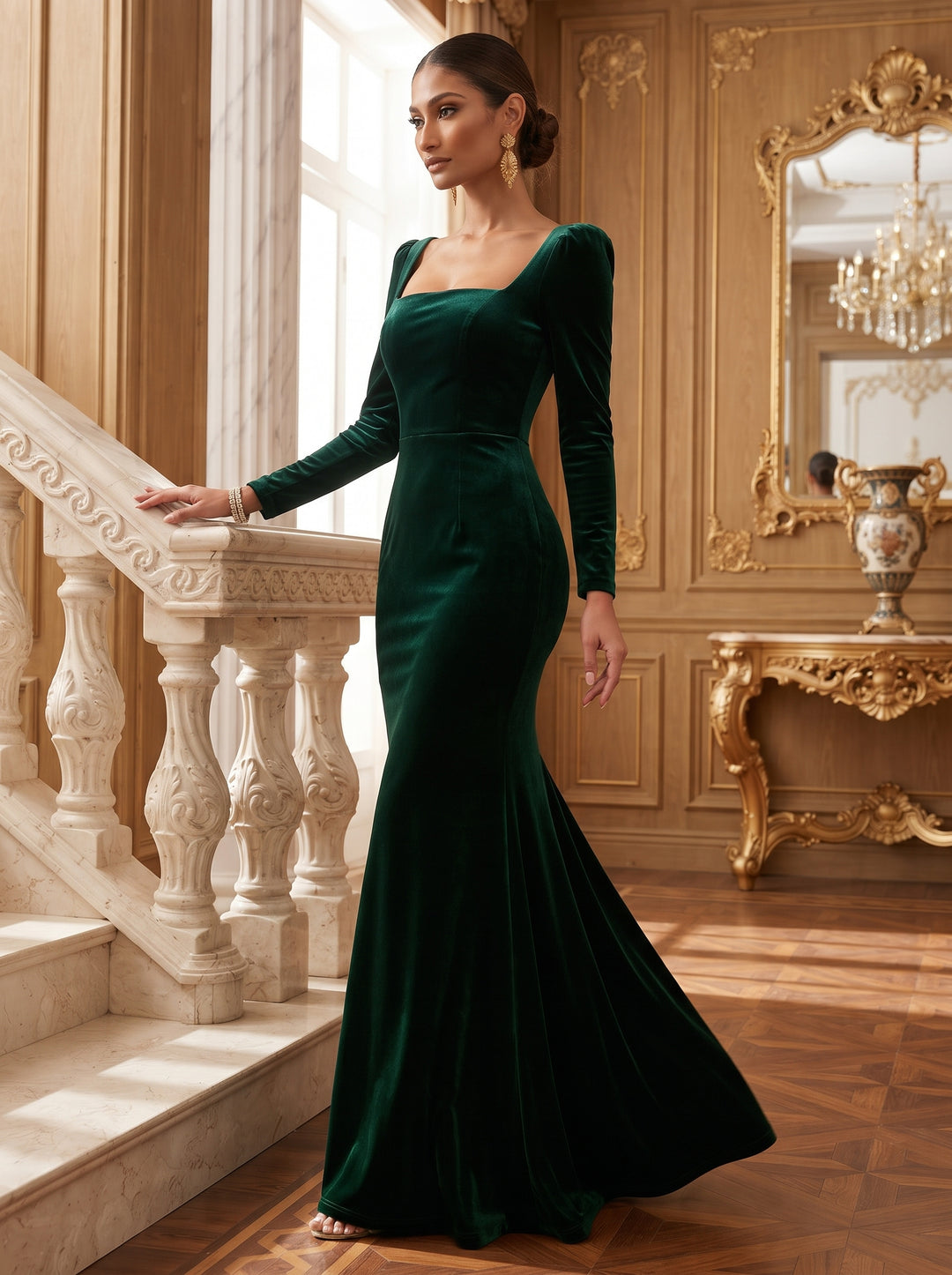 Velvet Mermaid Square Neck Floor Length High Waist Evening Dresses Maxi Formal Dresses