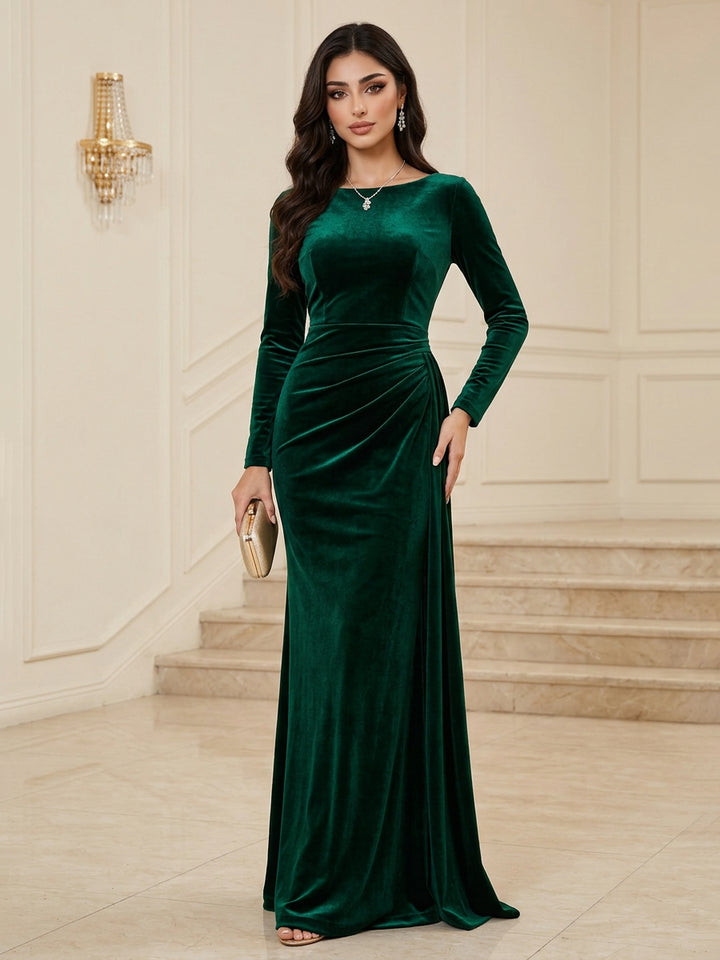 Velvet Sheath Jewel Neck Floor Length Ruched Evening Dresses Maxi Formal Dresses