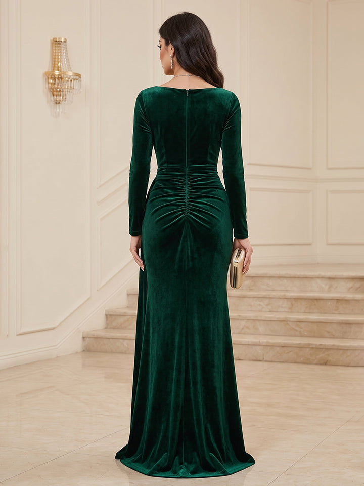 Velvet Sheath Jewel Neck Floor Length Ruched Evening Dresses Maxi Formal Dresses