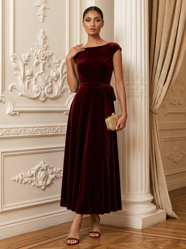 Velvet A Line Boat Neck Floor Length Pleats Evening Dresses Maxi Formal Dresses