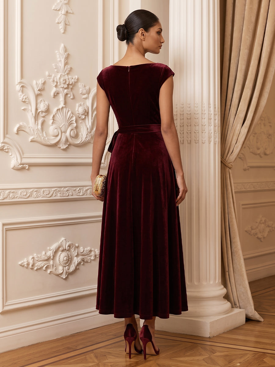 Velvet A Line Boat Neck Floor Length Pleats Evening Dresses Maxi Formal Dresses