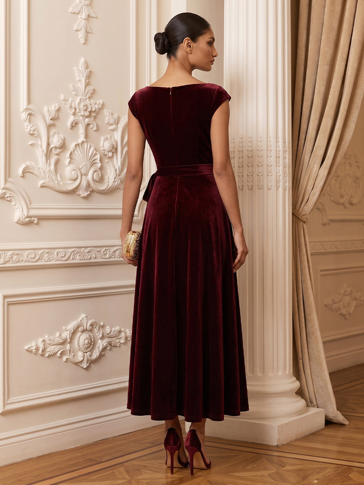 Velvet A Line Boat Neck Floor Length Pleats Evening Dresses Maxi Formal Dresses