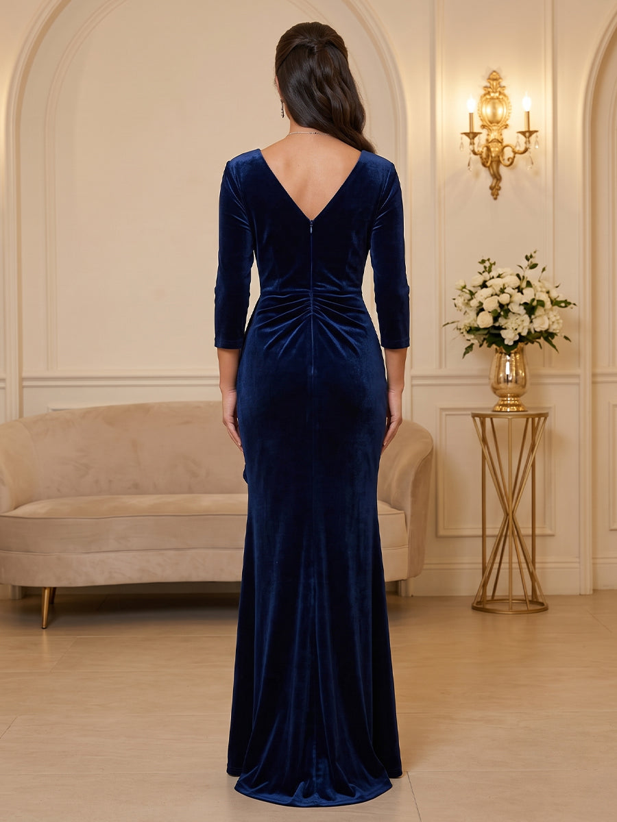 Velvet Sheath V Neck Floor Length High Low Evening Dresses Maxi Formal Dresses