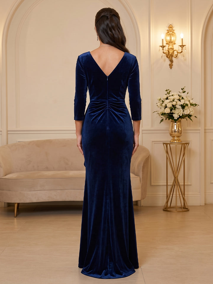 Velvet Sheath V Neck Floor Length High Low Evening Dresses Maxi Formal Dresses