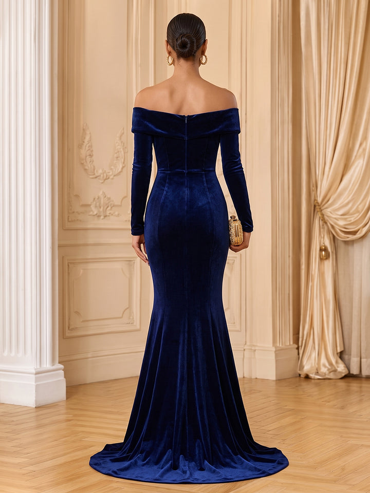 Velvet Mermaid Off the Shoulder Floor Length Fitted Bodycon Evening Dresses Maxi Formal Dresses