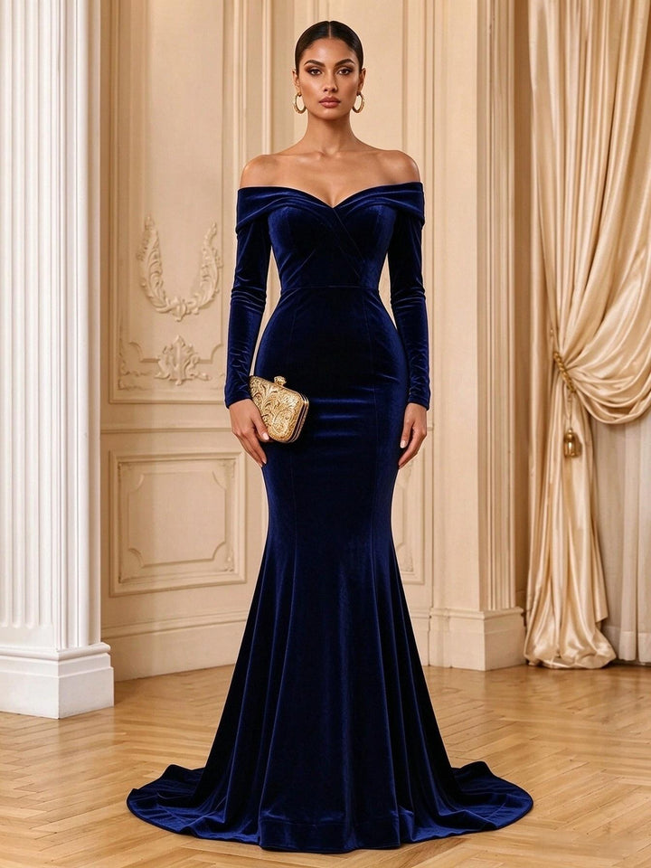 Velvet Mermaid Off the Shoulder Floor Length Fitted Bodycon Evening Dresses Maxi Formal Dresses