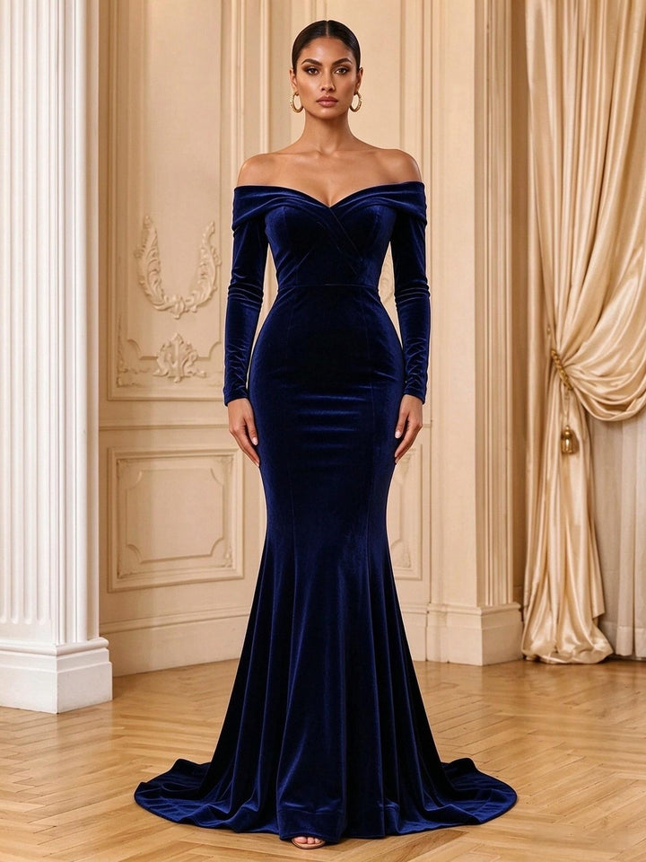 Velvet Mermaid Off the Shoulder Floor Length Fitted Bodycon Evening Dresses Maxi Formal Dresses