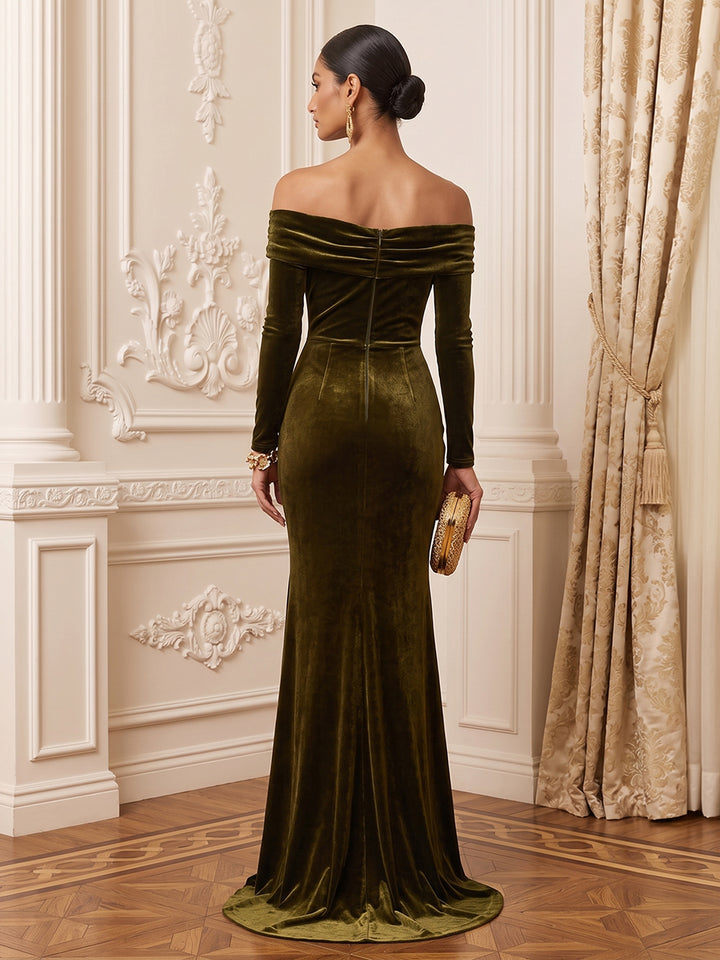 Velvet Mermaid Off the Shoulder Floor Length Ruched Evening Dresses Maxi Formal Dresses
