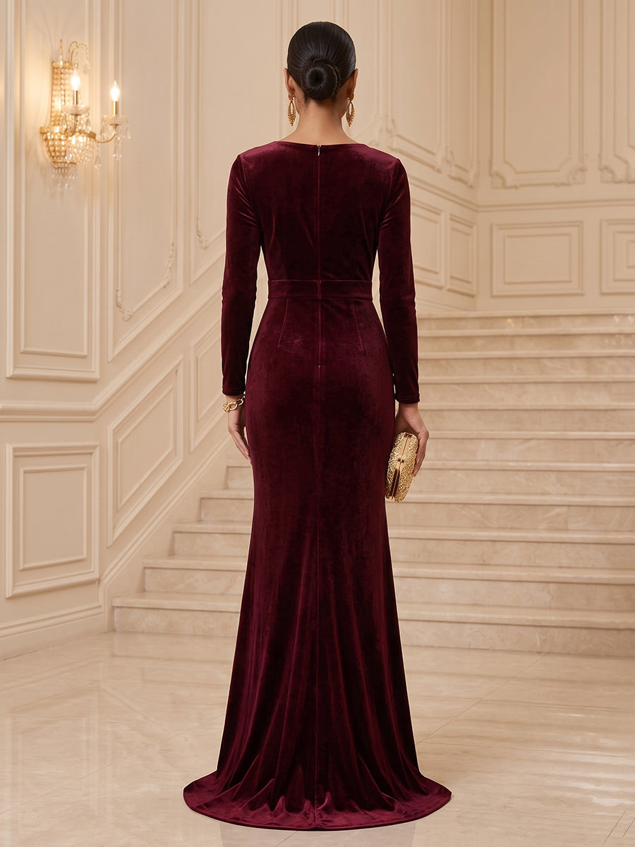 Velvet Sheath V Neck Floor Length Wrap Bodice Evening Dresses Maxi Formal Dresses