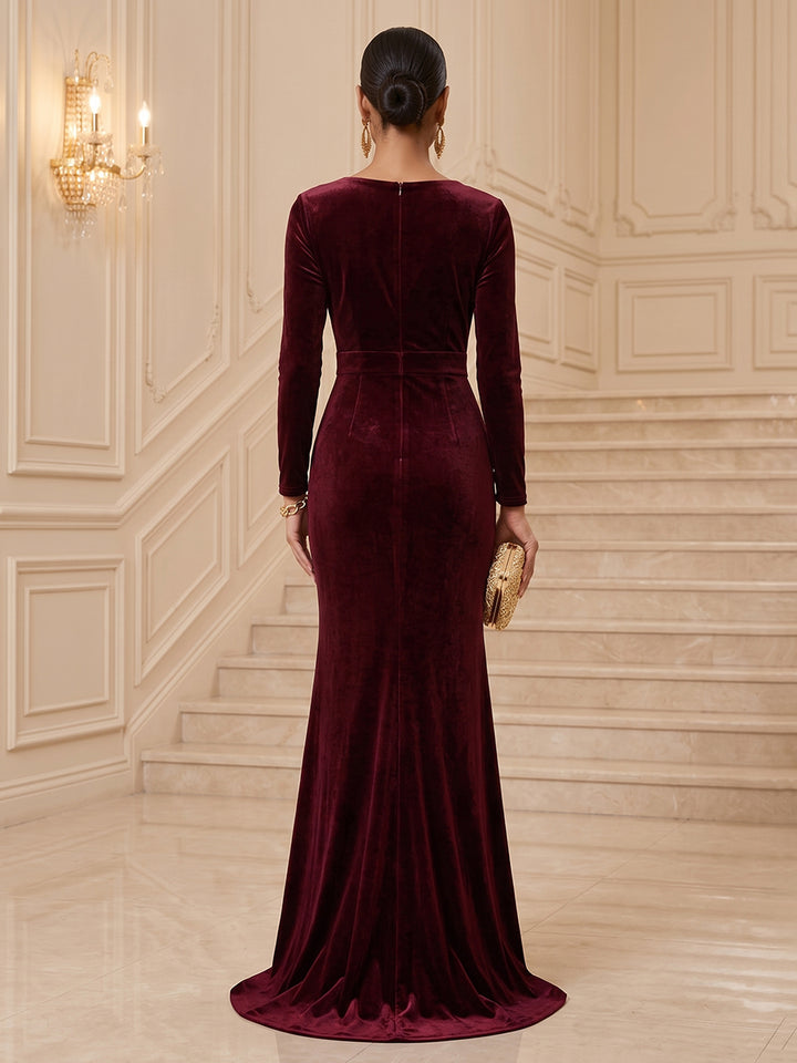Velvet Sheath V Neck Floor Length Wrap Bodice Evening Dresses Maxi Formal Dresses