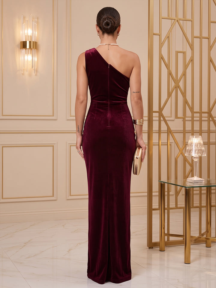 Velvet Sheath One Shoulder Floor Length Ruched Evening Dresses Maxi Formal Dresses