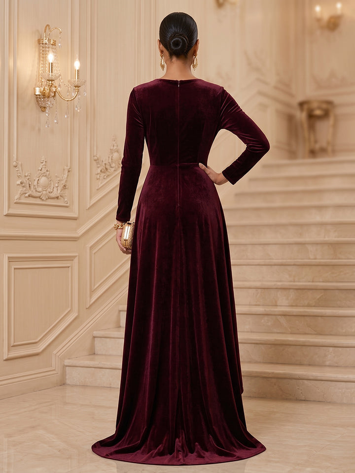 Velvet A Line V Neck Floor Length High Low Evening Dresses Maxi Formal Dresses