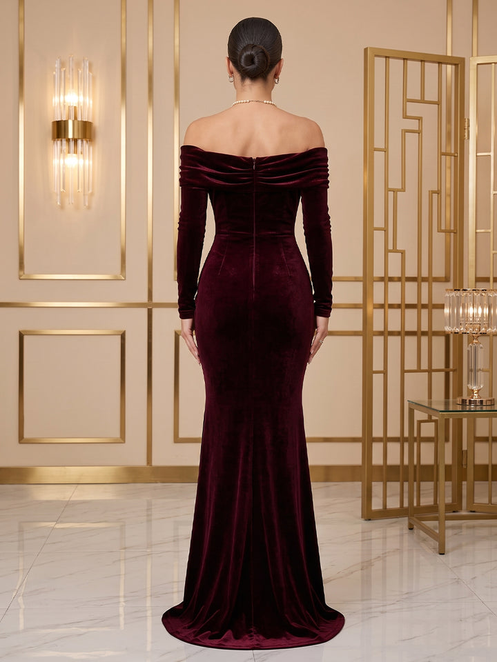 Velvet Mermaid Off the Shoulder Floor Length Ruched Evening Dresses Maxi Formal Dresses