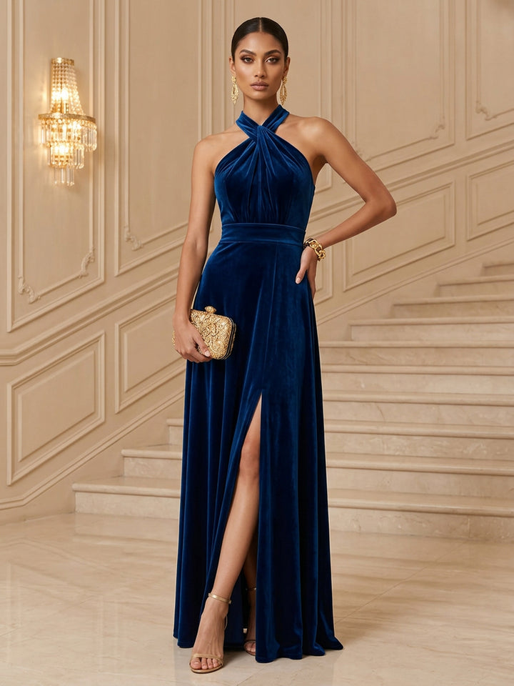 Velvet A Line Halter Floor Length Fitted Waist Evening Dresses Maxi Formal Dresses