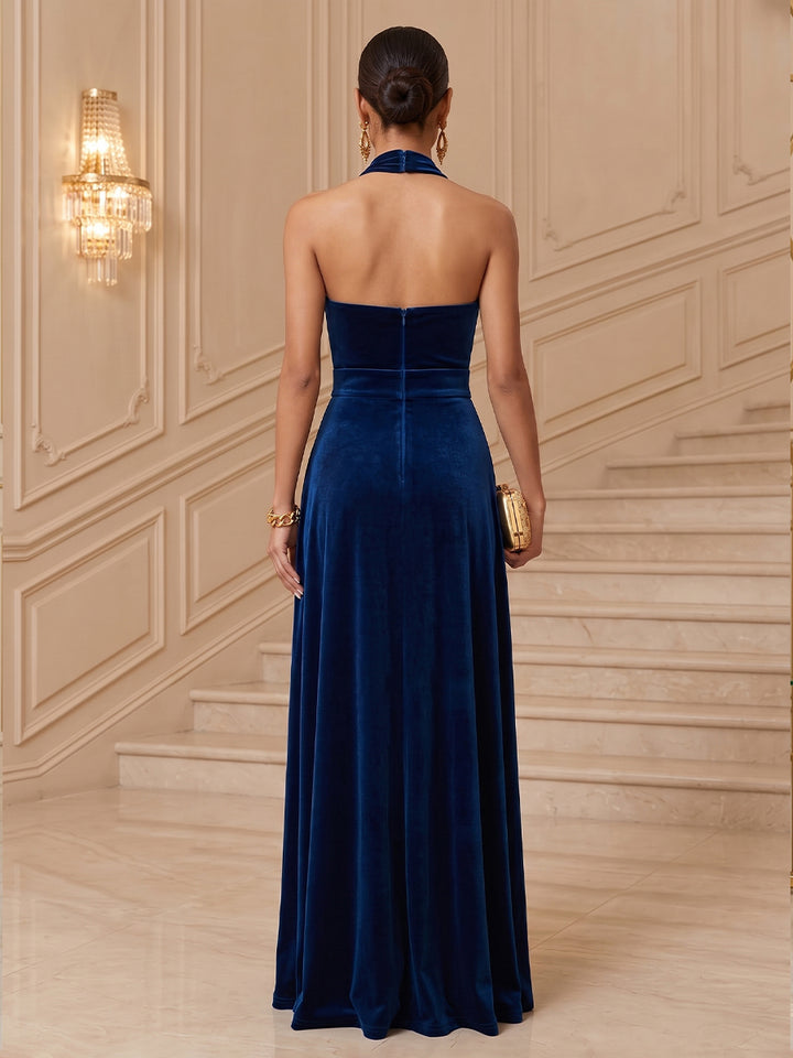 Velvet A Line Halter Floor Length Fitted Waist Evening Dresses Maxi Formal Dresses