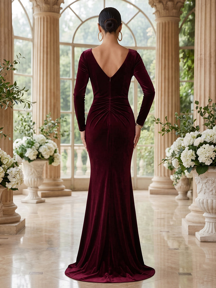 Velvet Mermaid Jewel Neck Floor Length Ruched Evening Dresses Maxi Formal Dresses