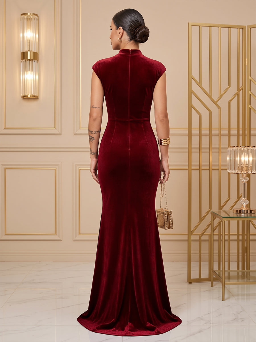 Velvet Mermaid High Neck Floor Length Fitted Bodycon Evening Dresses Maxi Formal Dresses