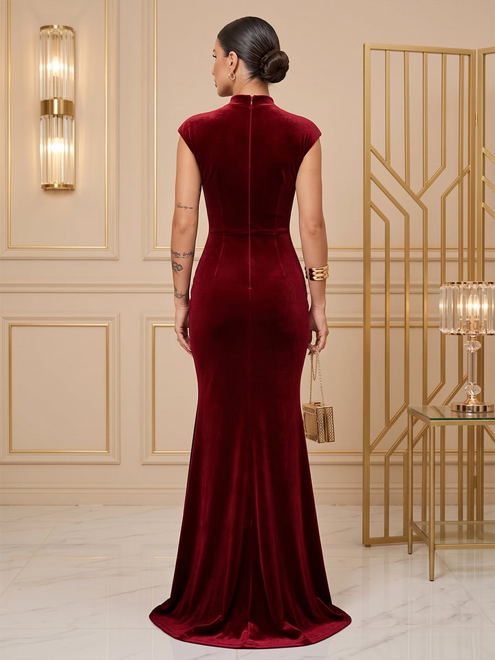 Velvet Mermaid High Neck Floor Length Fitted Bodycon Evening Dresses Maxi Formal Dresses