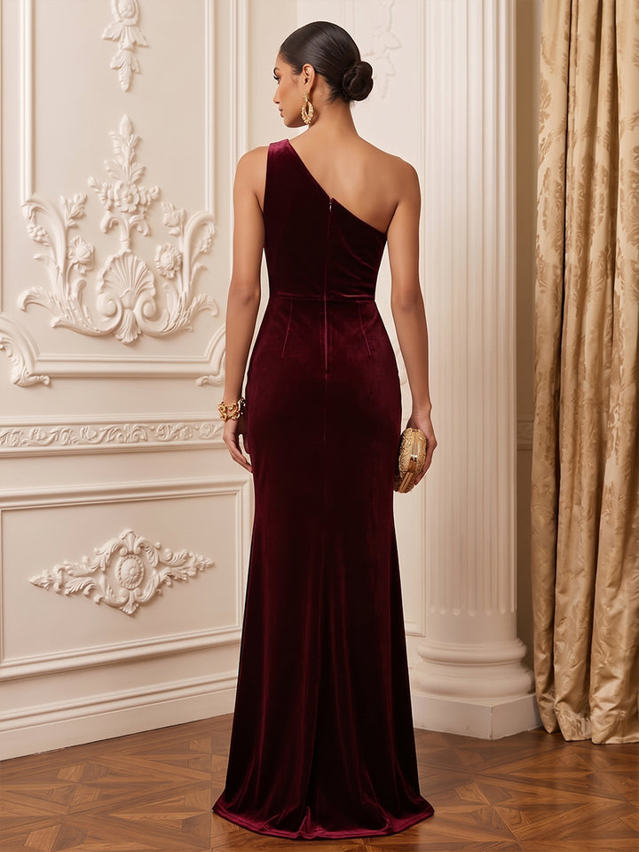 Velvet Sheath One Shoulder Floor Length Ruched Evening Dresses Maxi Formal Dresses